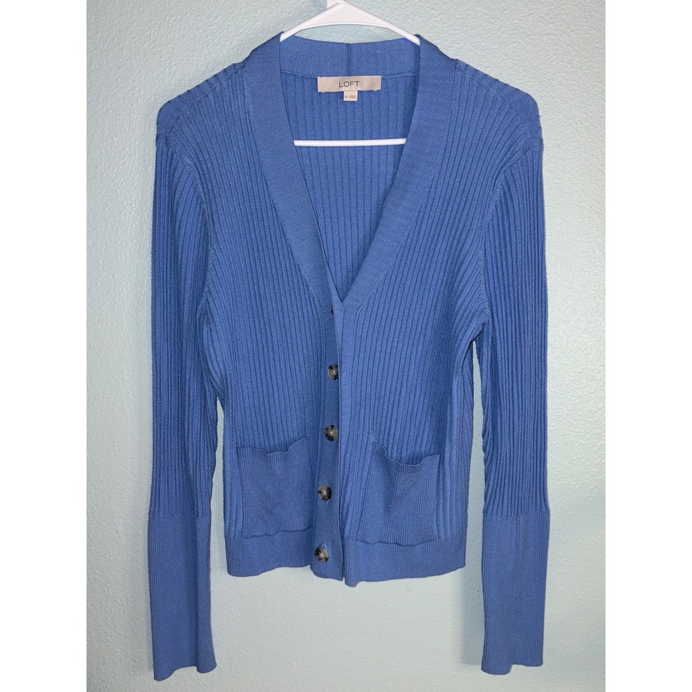 LOFT Ribbed Knit Button Front Cardigan Sweater Blue XL V-Neck Pockets